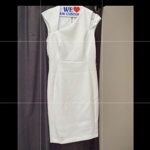 Calvin Klein formal white midi dress with gold zipper at the back.